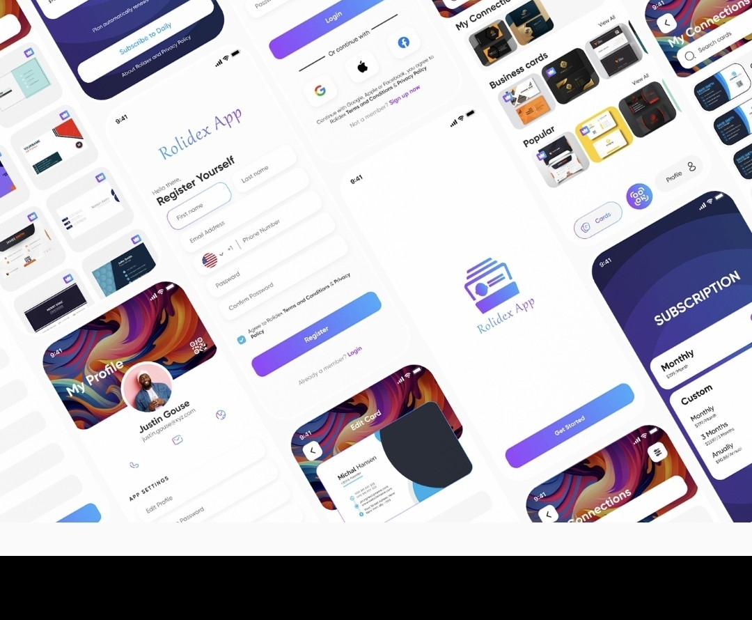 Collage of Rolidex app screens including sign up, profile, business cards, connections, and subscription