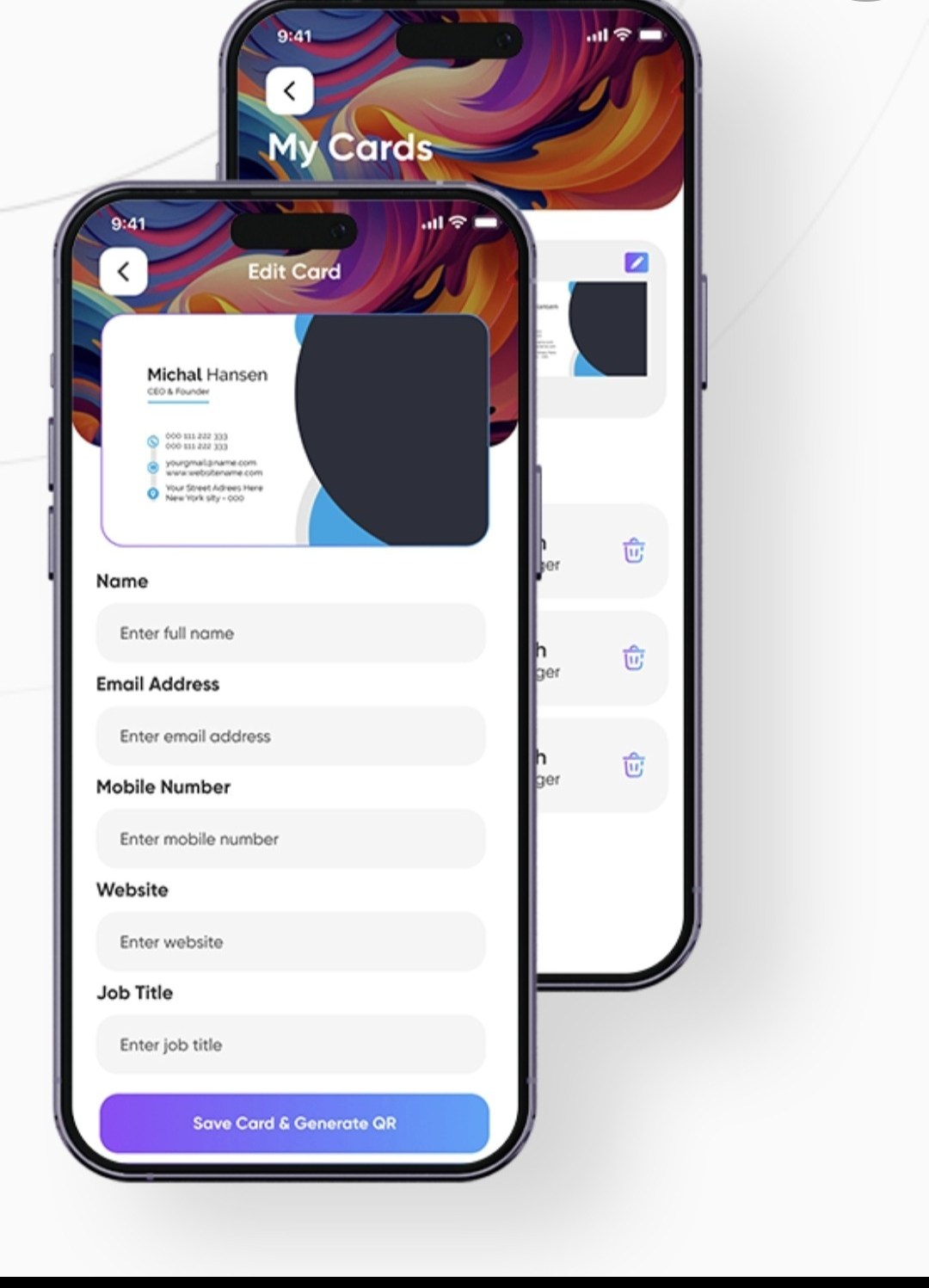 Rolidex app Edit Card screen and My Cards screen