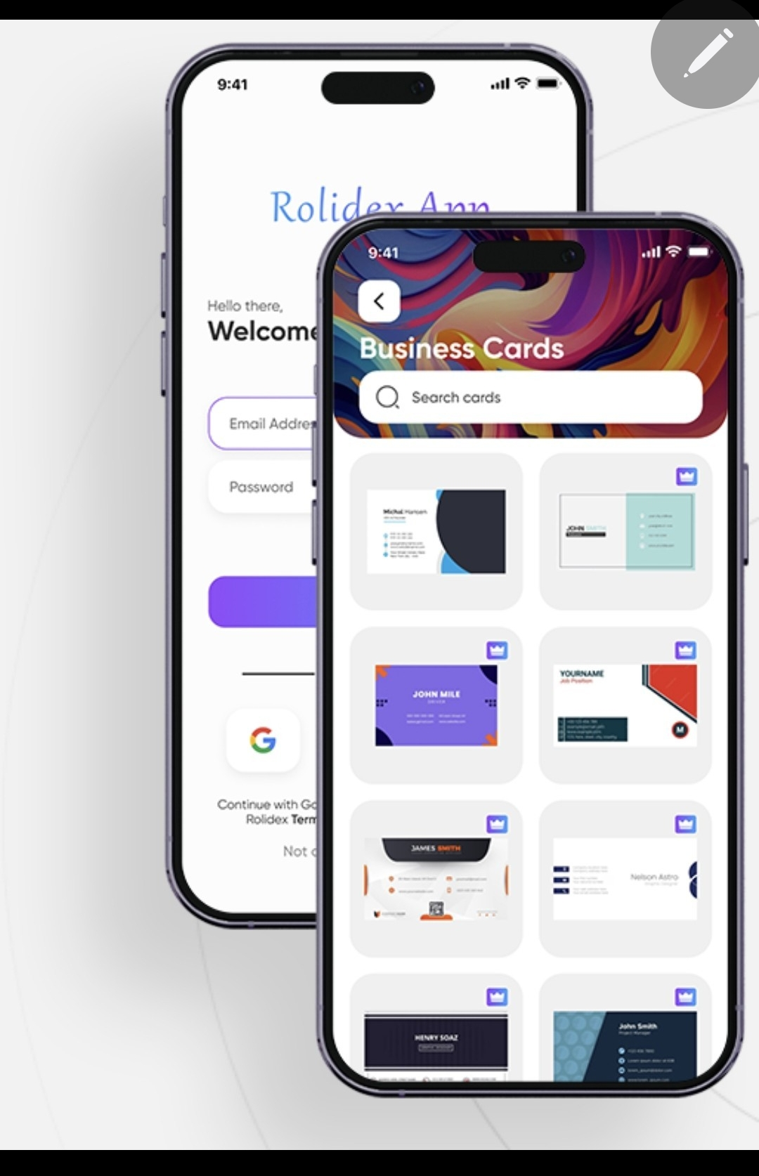 Rolidex app sign-in screen and Business Cards screen showing saved cards